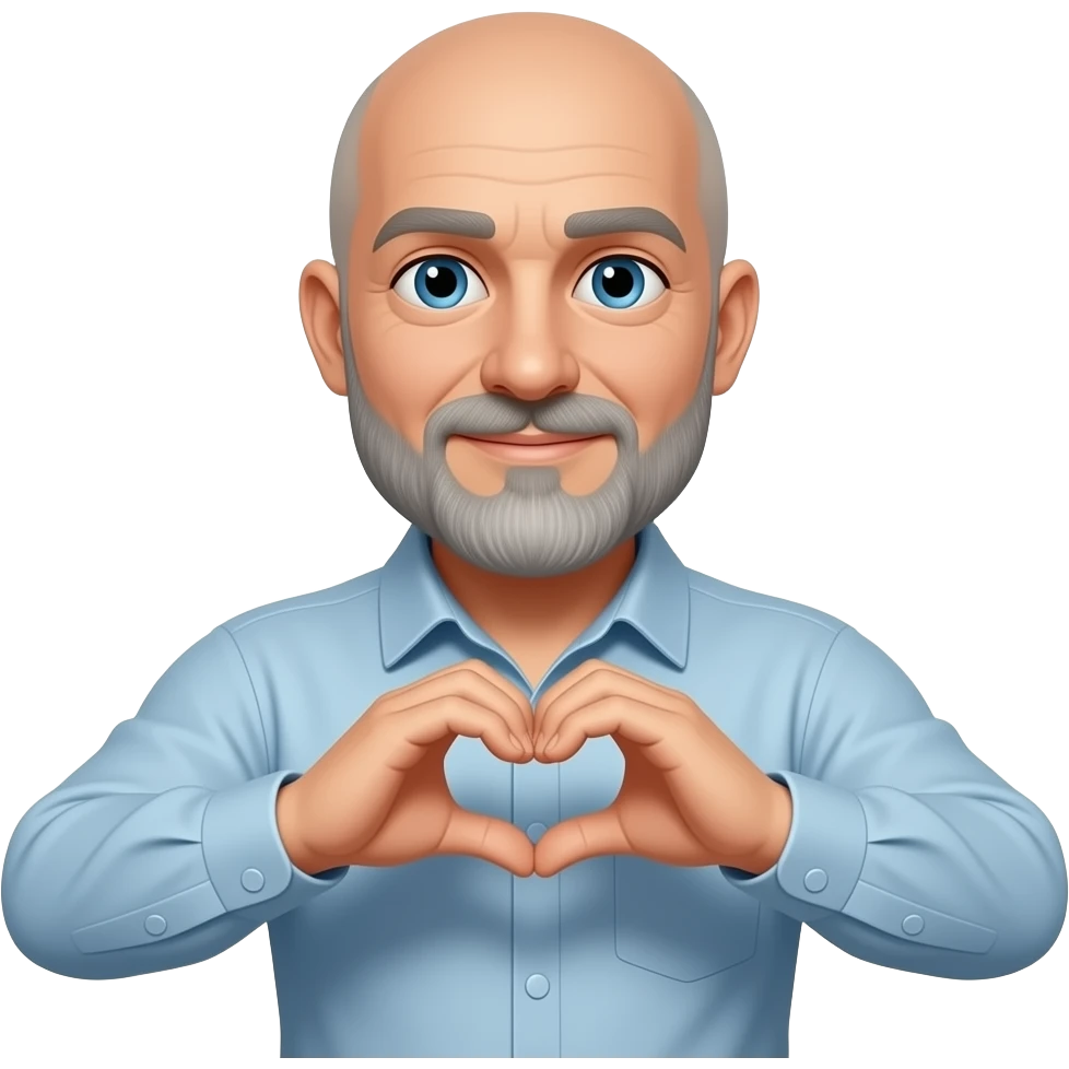 Homme barbe grise sans cheveux, yeux bleus qui fait le signe coeur emoji
