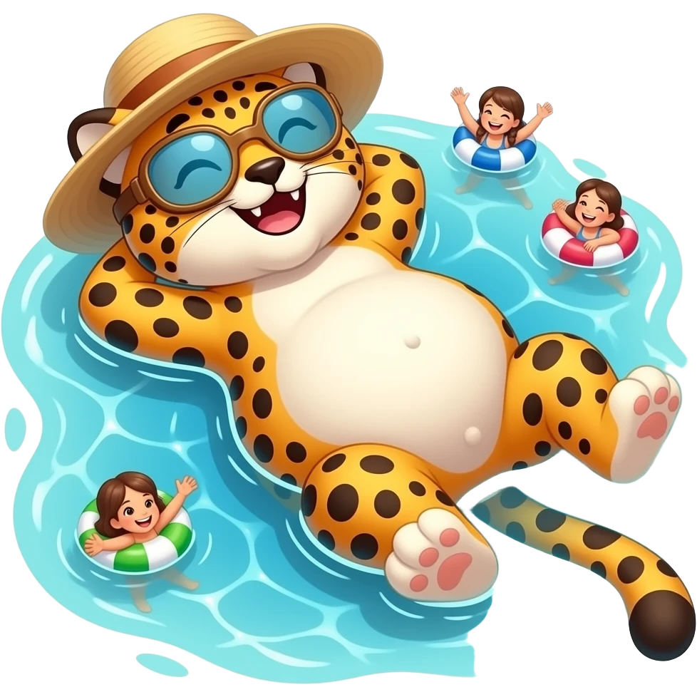 A cheetah enjoys beach holiday in her swimmers,but she is so full from a lunch break that she is about to burst,Then her fat Tummy rolls & drops out,she will just lay on her back in the shallow cool water,her gluttonous belly promotes a good resort business. emoji