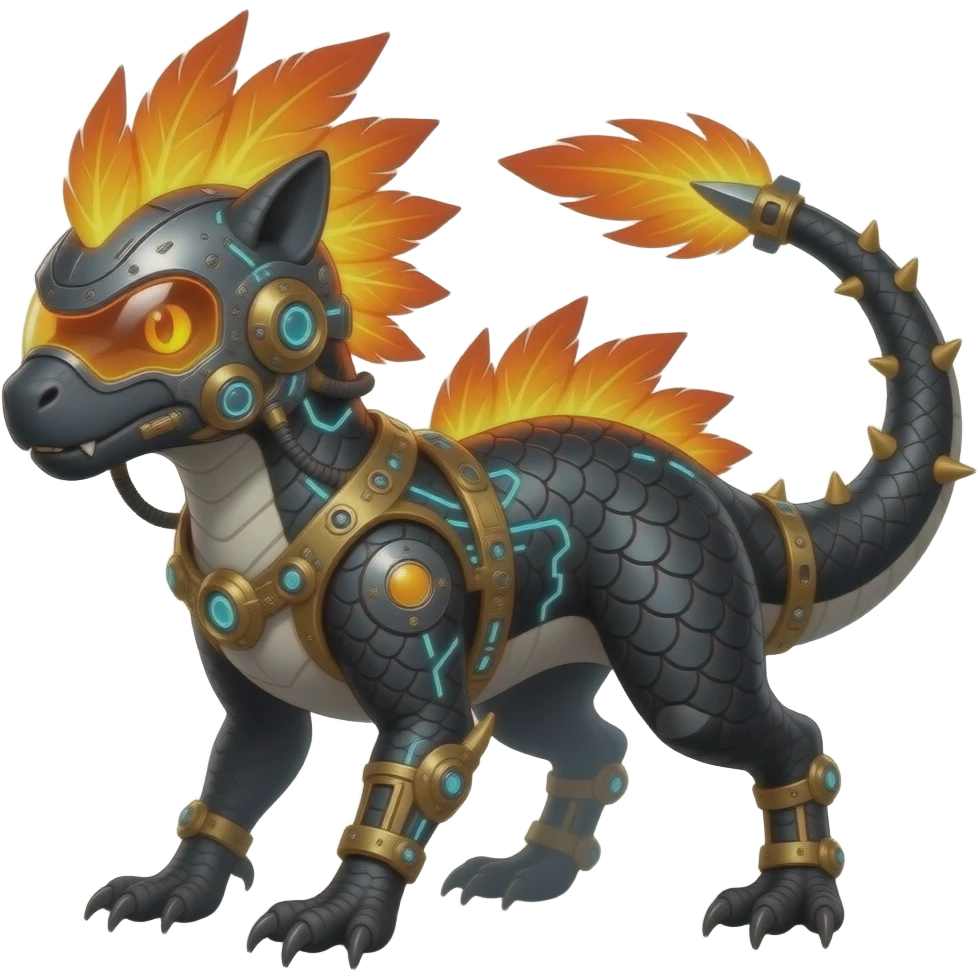 Cool edgy fiery cybernetic electrical visor-helmeted, Circuitry-patterned black-scaled digitigrade futuristic raptorik fantasy-Cyberpunk-Steampunk-Solarpunk-Genesect-Salamence-Cyclizar-Salazzle-Protogen-Fakémon-animal-hybrid, with neon feather-mane, and a tail blade, back spikes emoji