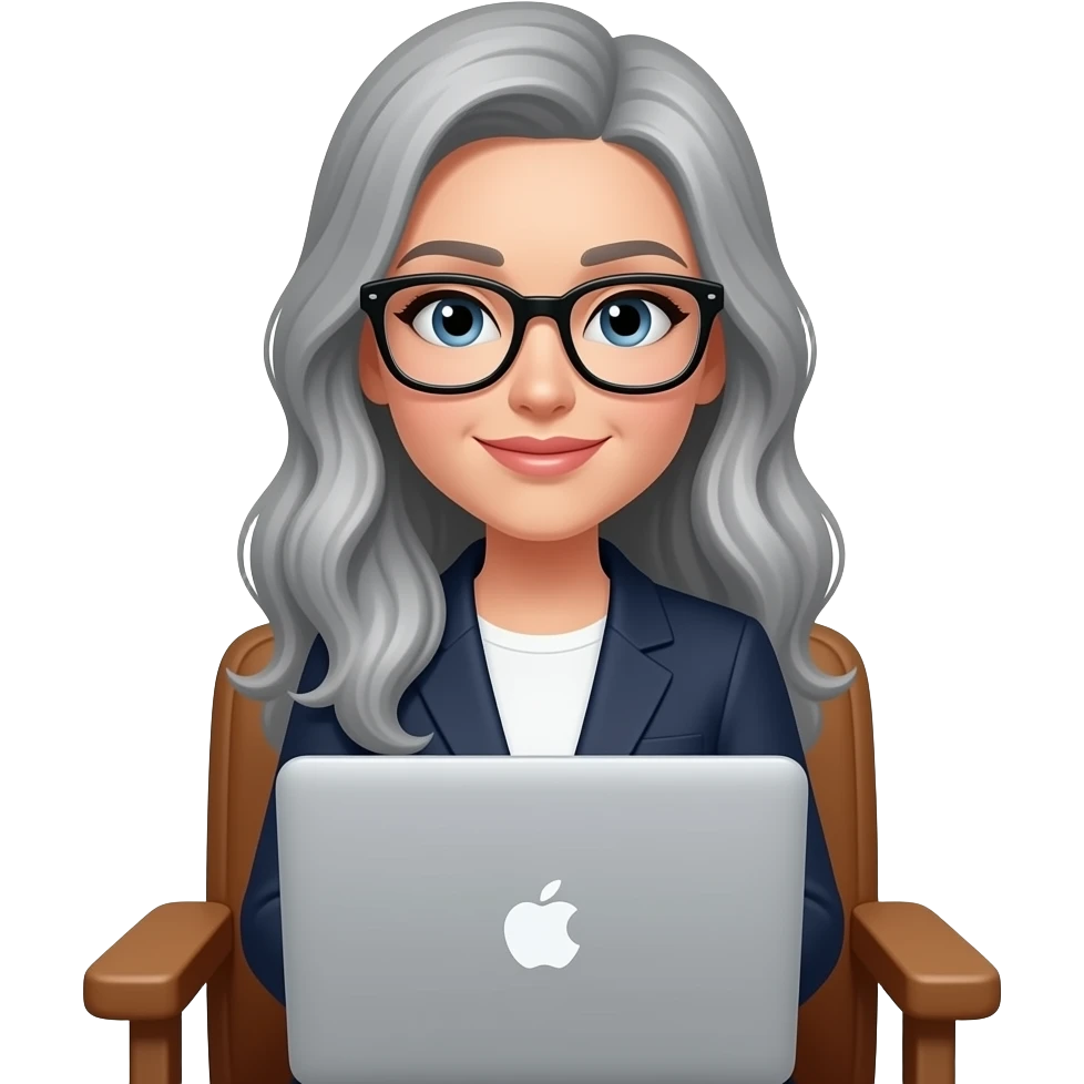 Lady in glasses,grey long hair, sitting with silver MacBook emoji
