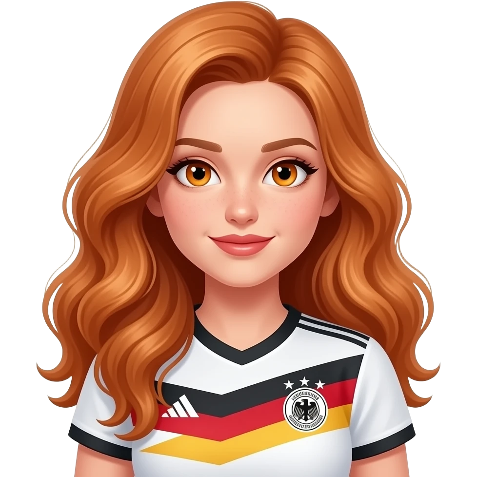 sexy girl with long wavy ginger hair and ginger eyes is wearing a german trikot emoji