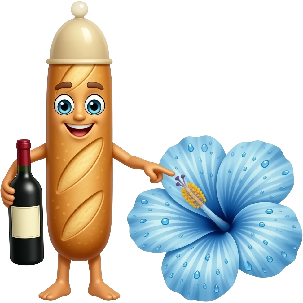 Longue Baguette avec une bouche, des yeux et des bras. Elle a un preservatif sur le haut de la tete et une bouteille de vin dans la main. L'autre main a l'index et le majeur tendus et collés touchant le centre d'un hibiscus qui a beaucoup de gouttes d'eau bleue sur les petales. emoji