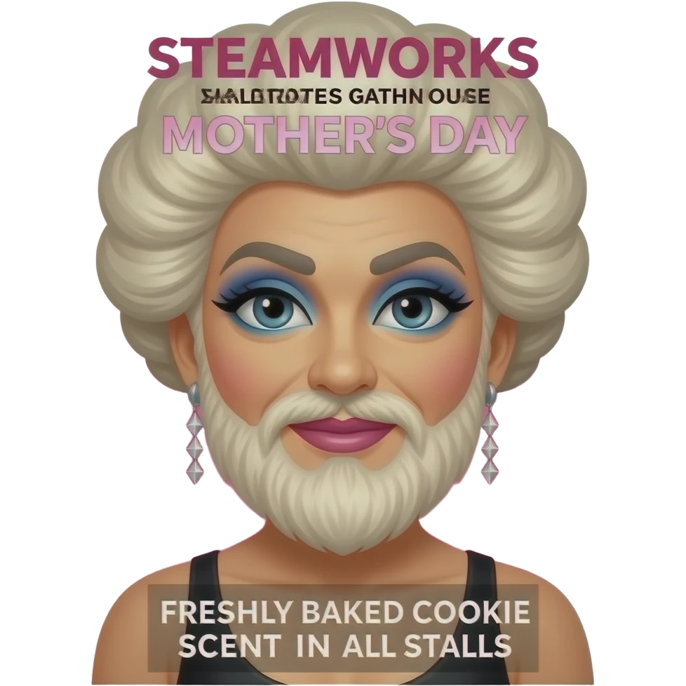 Poster for SteamWorks gay bathhouse with the text: "SteamWorks, celebrates Mothers Day" + "Freshly baked cookie scent in all stalls." With bearded drag queen mom, no women  theme. emoji