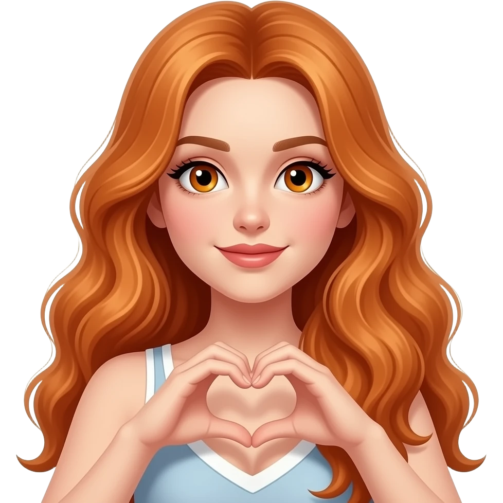 sexy girl with overlong wavy ginger hair and ginger eyes is making a heart with her hands emoji