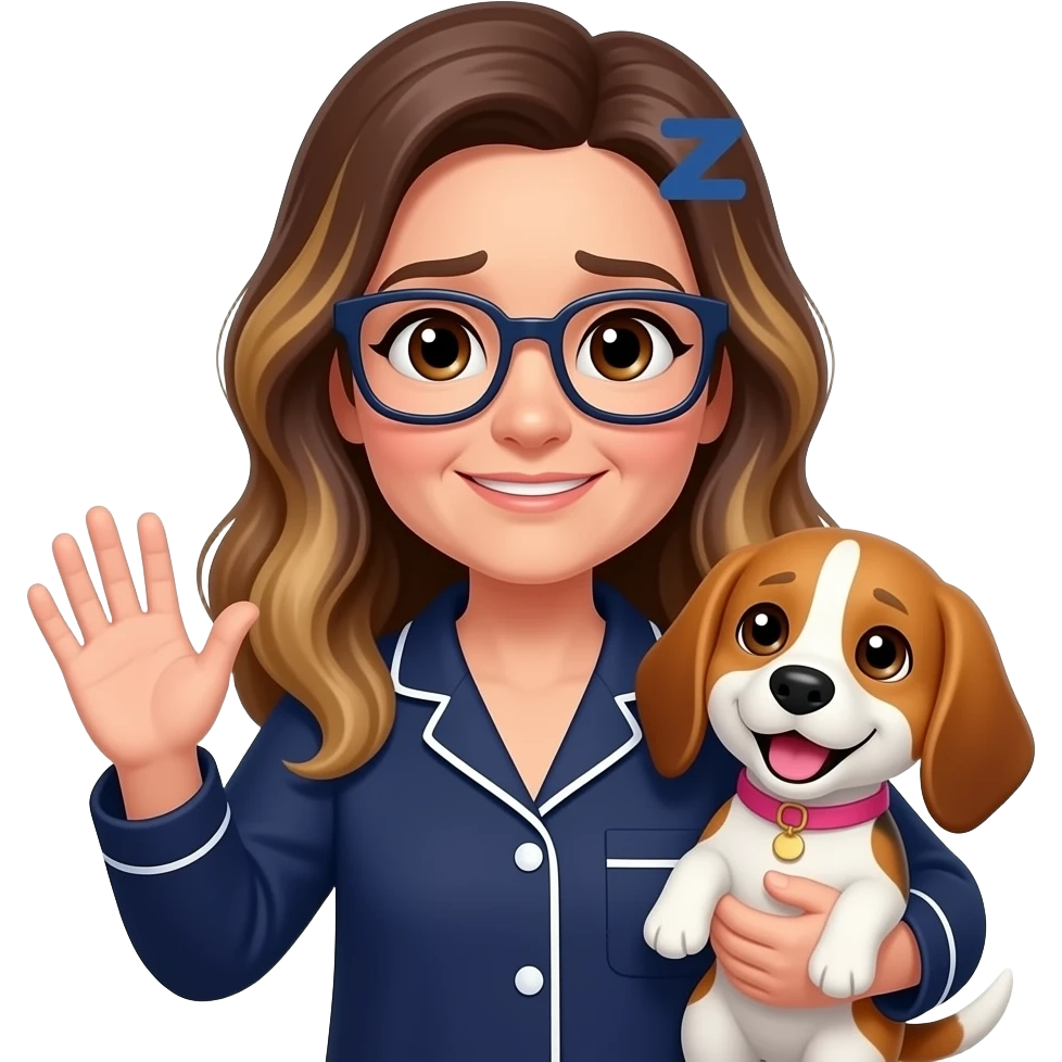 50-year-old tired woman with dark brown eyes,  long brown balayage hair, parted on the left, with pale skin, with dark navy rectangular glasses, holding a beagle that looks happy. She is wearing a navy pajamas. The beagle has a pink collar. The woman is waving goodbye. There are Zzz above her head emoji