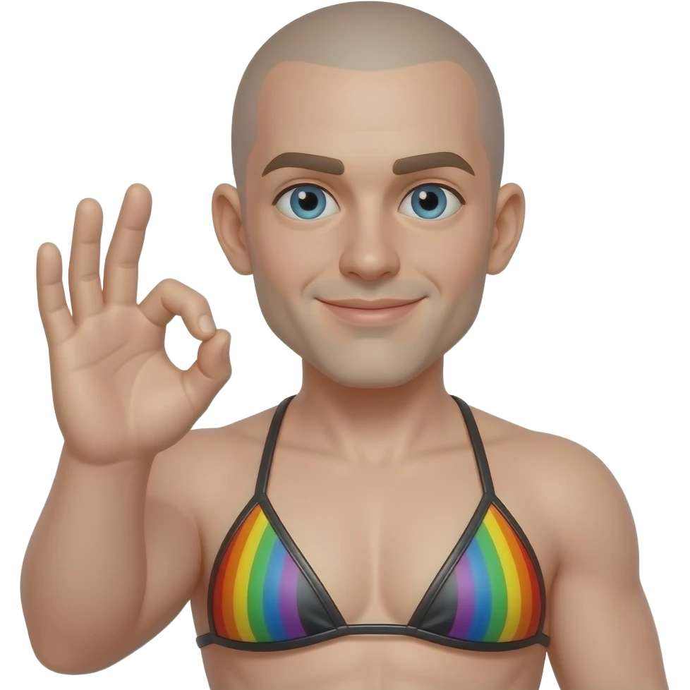 Bald Gay dude in leather bikini rainbow fingering an ok hand sign emoji