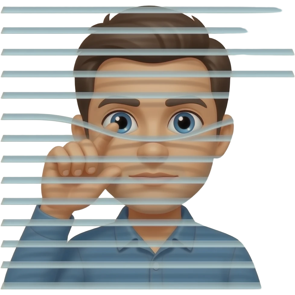 person peering through window blinds with one finger pulling the blind down by their eye looking like they are being nosey emoji