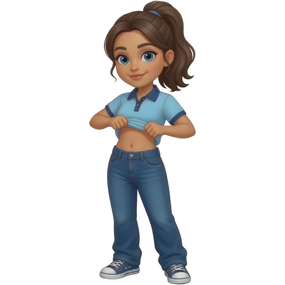 Hispanic girl with brown ponytail and blue eyes light blue and dark blue polo and dark blue baggy jeans and belly button with sneakers lifting her shirt emoji