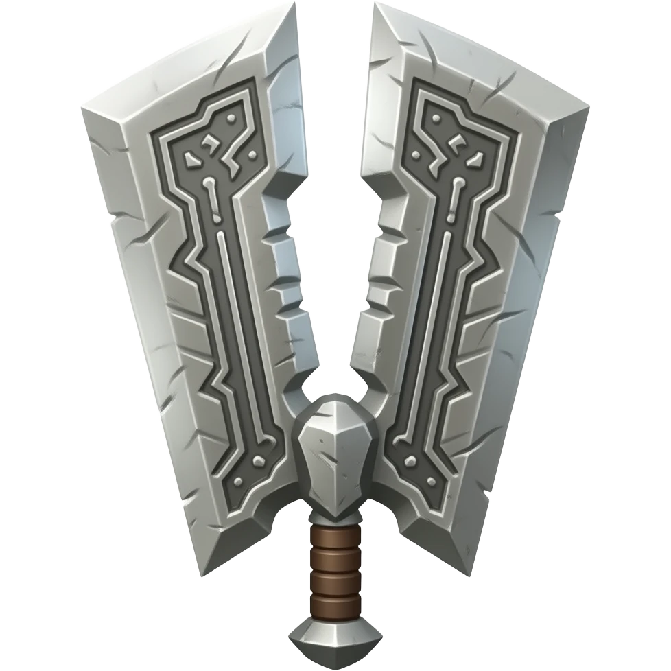 colossal double-ended weapon with two massive rectangular silver blades extending from opposite ends of a central grip. Each blade features beveled edges, engraved geometric patterns, and recessed black mechanical sections along the inner spine emoji