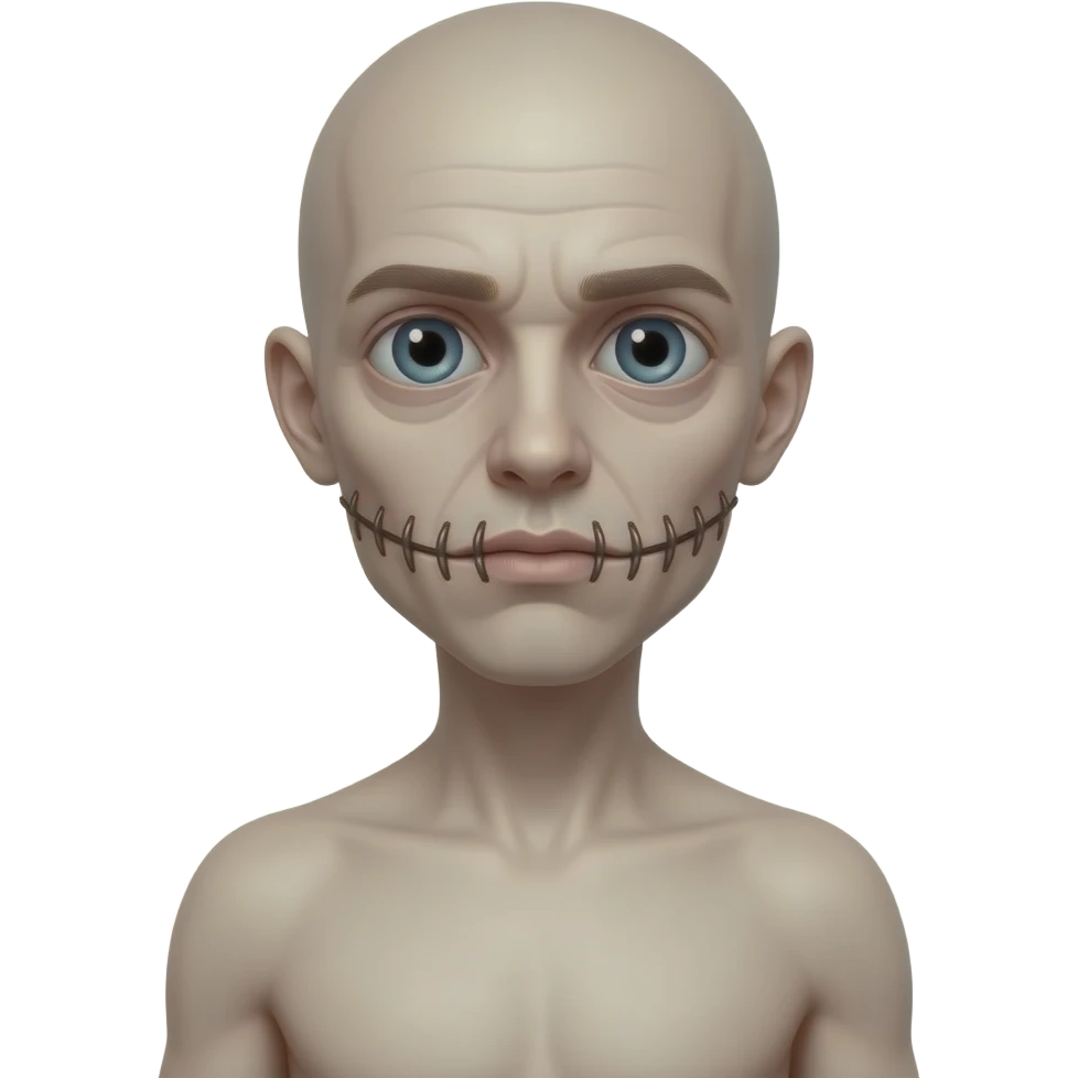 scary  big eyed entity who looks human with a mouth sewn shut whose standing tall and is very skinny emoji
