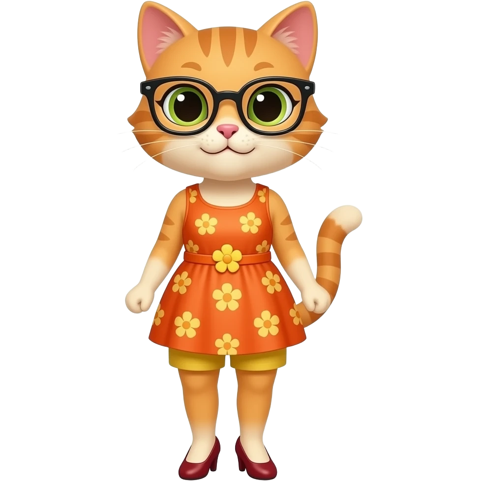 Mrs.Kat(Wolfoo's Teacher(Orange-Yellow Mother Cat Of Kat(With Orange Short Dress With Yellow Flowers Without Plants Without Sleeves With Tiny Orange Belt With Yellow Flowers Without Plants, Dark Red High Heels Shoes, Black Eyeglasses And Visible Yellow Shorts(Like Leggings))))And Vent Blowing Dress. emoji