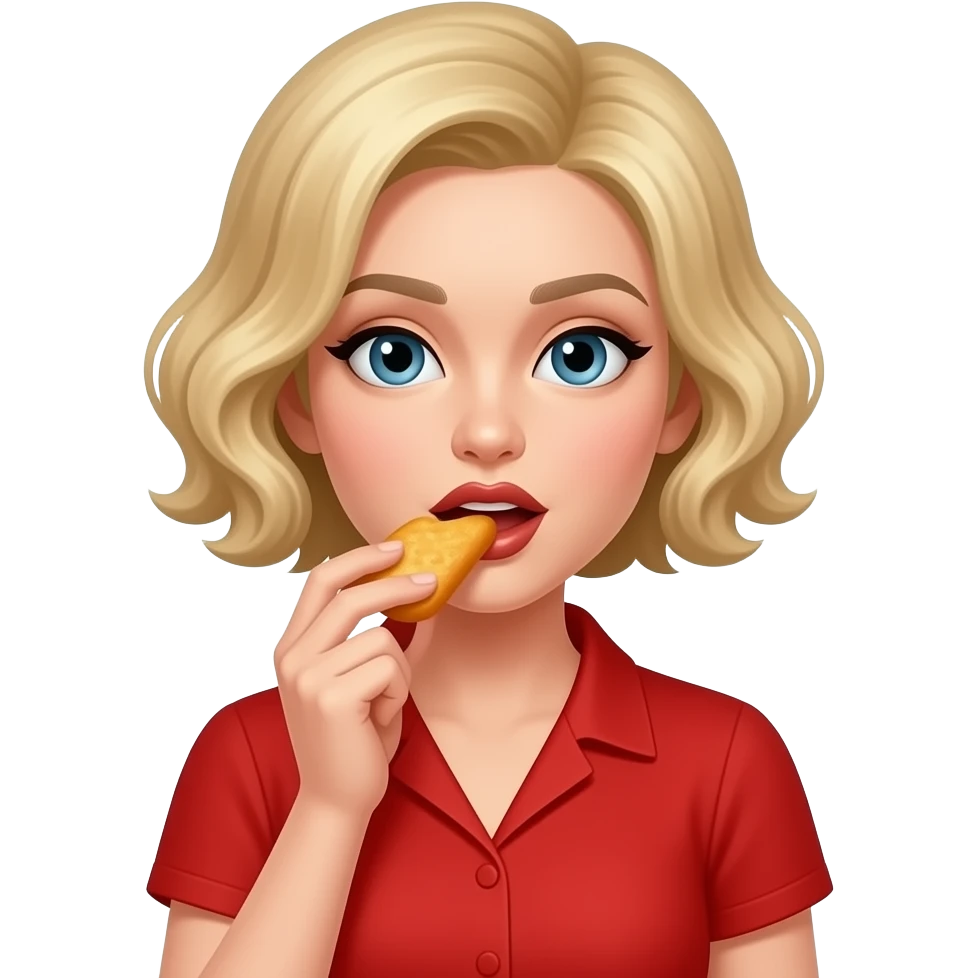 Short blond hair in curls salivating on food in a red short sleeve blouse and brown lipstick emoji