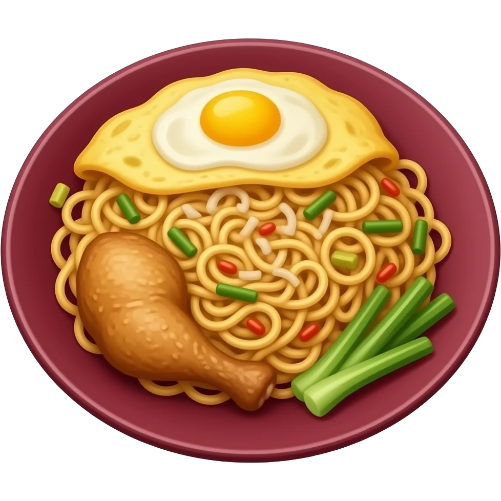 INDONESIAN FRIED YELLOW NOODLE ON A MAROON PLATE WITH AN YELLOW OMELLETE , FRIED ONIONS, CHICKEN THIGHS, ANDPICKLES , emoji