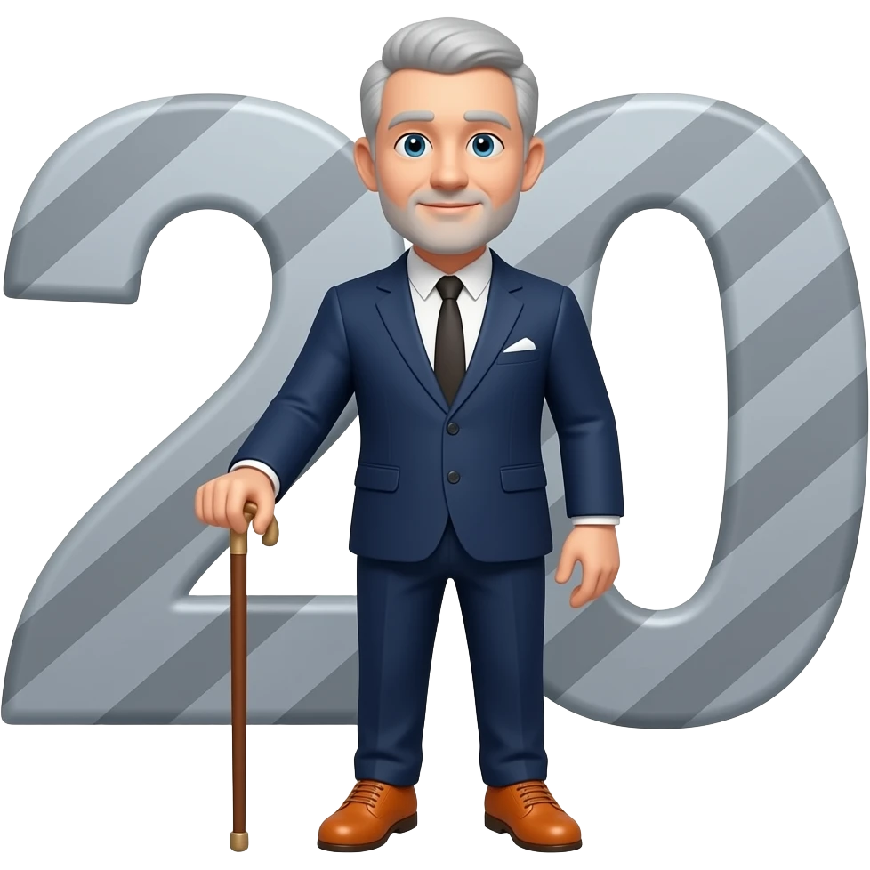 A gray-ish number 20 that has a fancy suit and orange shoes and a walking stick and it looks very fancy and it has a little zigzag on the 2 and the 0 emoji