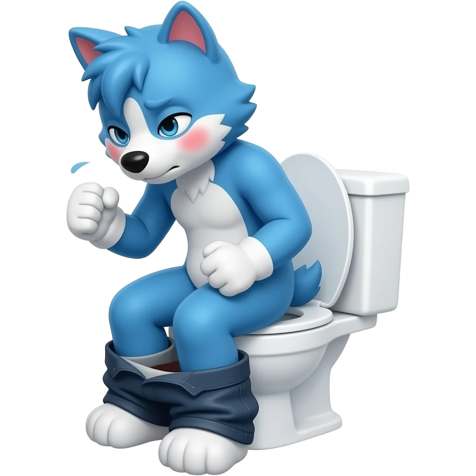 blue fursuit sitting on toilet, pants down, side view , fists, uncomfortable, squeezing, straining, sweating, red cheeks emoji