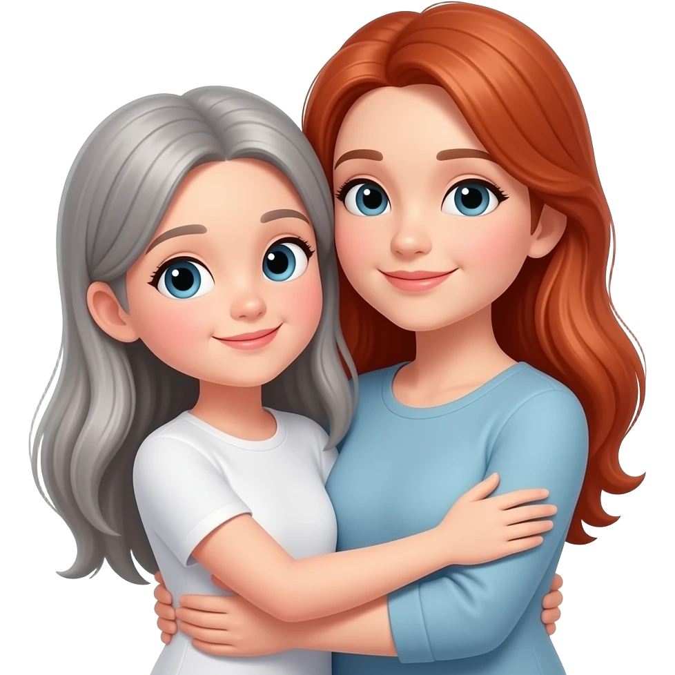 tall grey haired girl, red head mother, hugging emoji