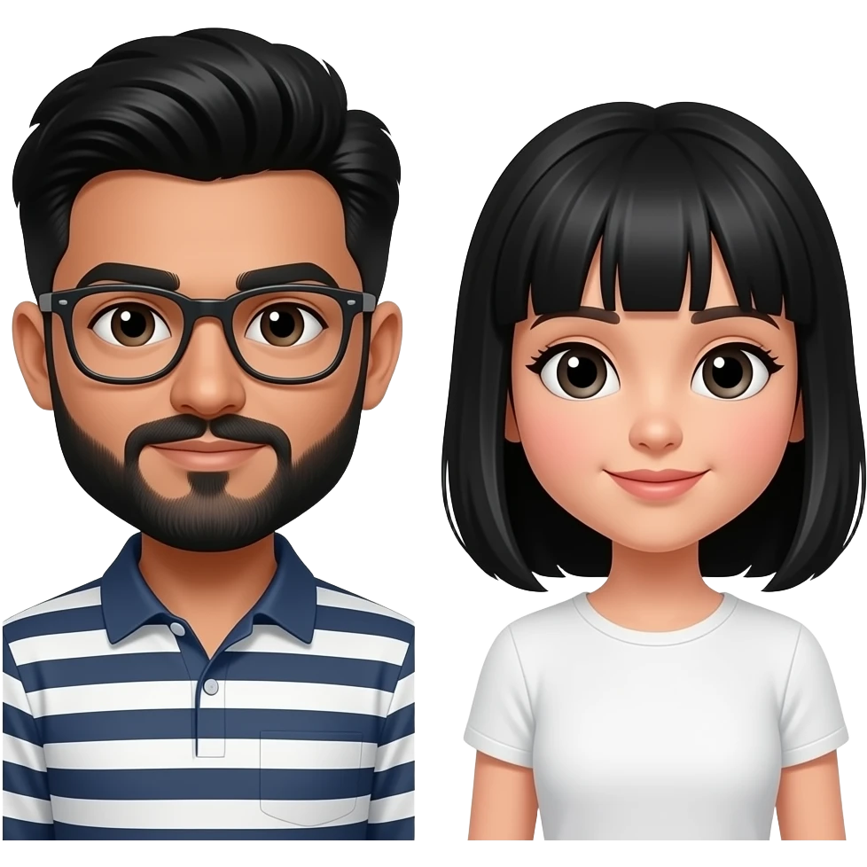 Pakistani guy with black hair, mustache and beard and white girl with black hair without bangs emoji