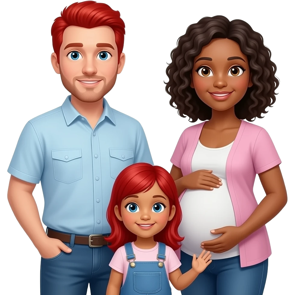 White man red hair pregnant black woman and biracial girl toddler with red hair family emoji