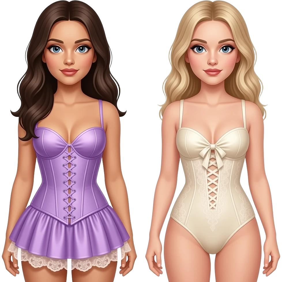 Madonna wearing lilac satin corset with structured boning and a sweetheart neckline, paired with a matching lace-trimmed ruffled hem with Sabrina carpenter wearing cream-colored bodysuit with a knotted satin bust and an intricate lace torso adorned with subtle shimmer. emoji