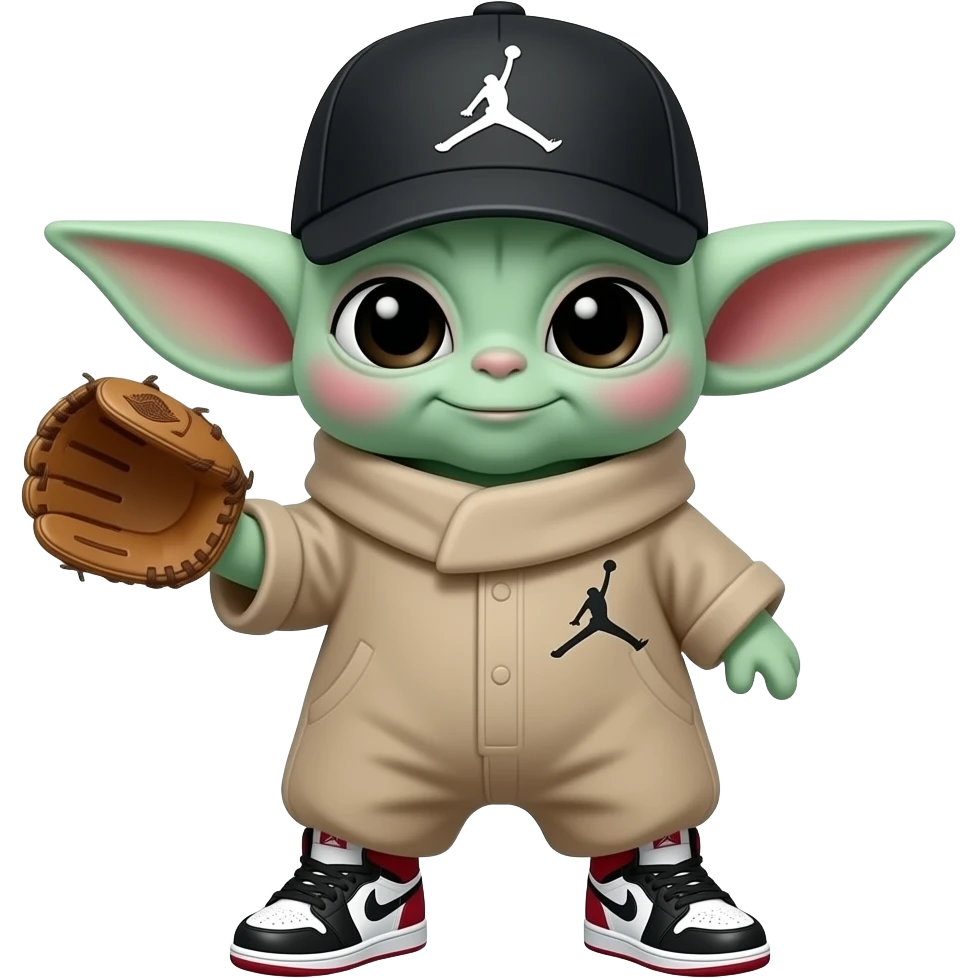 baby yoda with hat without logo and jordan 1 on feet fielding with baseball glove emoji