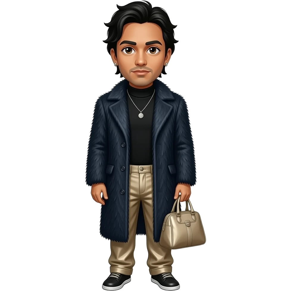 Chino Moreno with dark brown eyes, black hair, black turtleneck shirt, dark blue fur coat, beige metallic baggy pants, necklace and earrings emoji