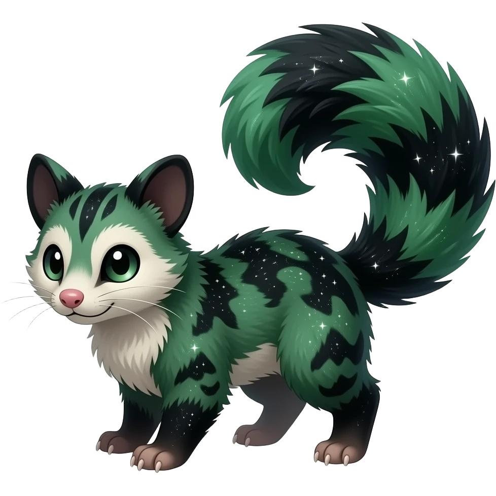 Hyper realistic forest-hunger-green-emerald-green-onyx-black-gradient velvet fur soaked in starlight glitter and shadow gradients beautiful elegant pretty precious cute Fakémon-Pokémon-opossum-Lykoi-genet-civet-serval-caracal-chinchilla-Furret-hybrid-creature with a big fluffy bushy tail (full body) emoji