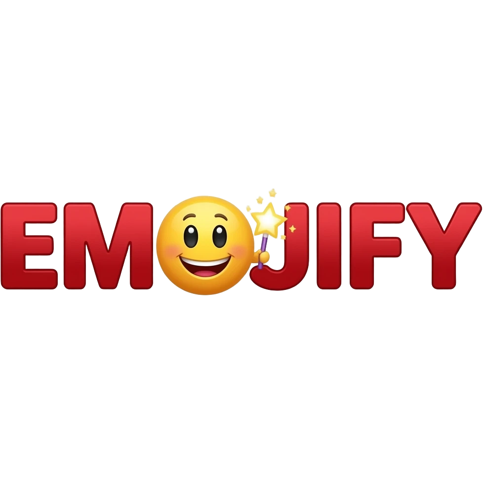 Red text "EMOJIFY" is stretched in height and width. Letter "O" is a smiley face with a magic wand. Transparent background. emoji