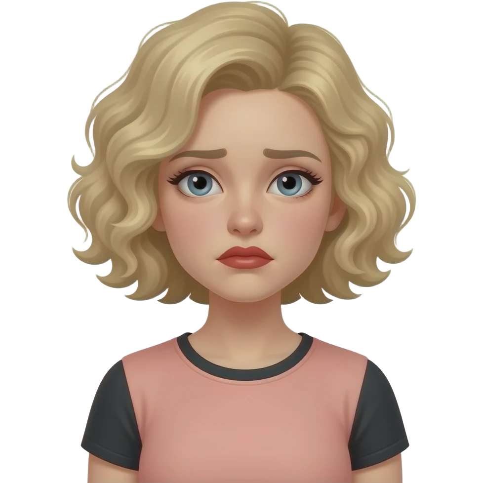 Short curly blond hair side swept with a sad face, red lipstick and peach and black short sleeve emoji