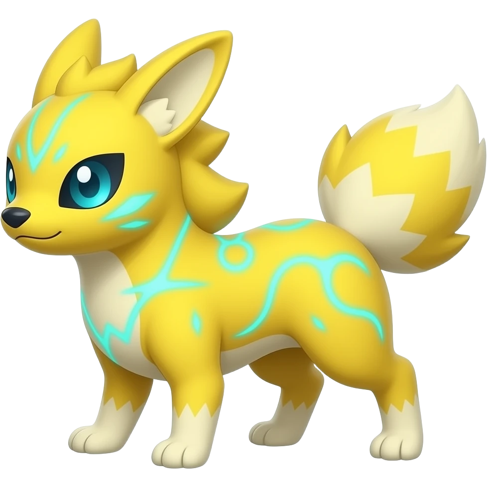 Yellow Zorua-Fennekin-Manectric-Electrike-Furret-Vaporeon-Fakémon-hybrid with glowing neon cyan markings emoji