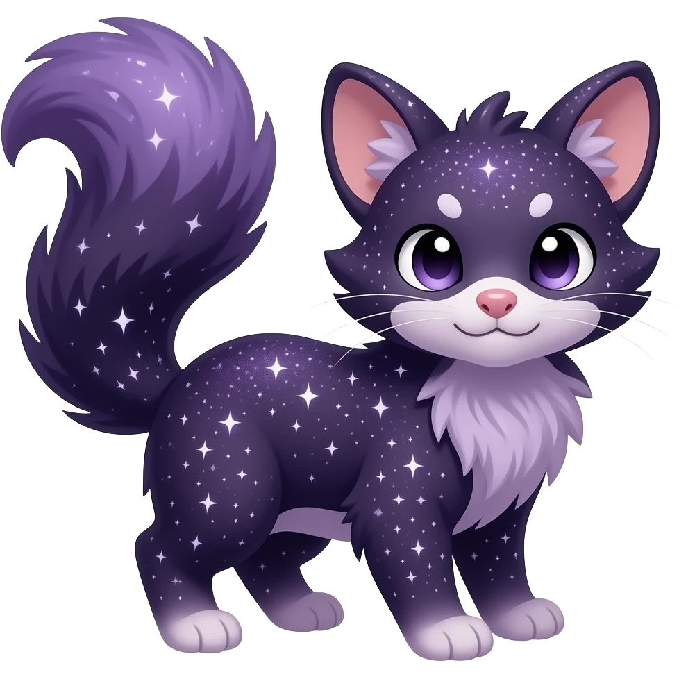 Hyper realistic midnight-violet velvet fur soaked in starlight glitter and shadow gradients beautiful elegant pretty precious cute Fakémon-Pokémon-opossum-feline-serval-caracal-chinchilla-Furret-Minccino-hybrid-creature with a big fluffy bushy tail (full body) emoji