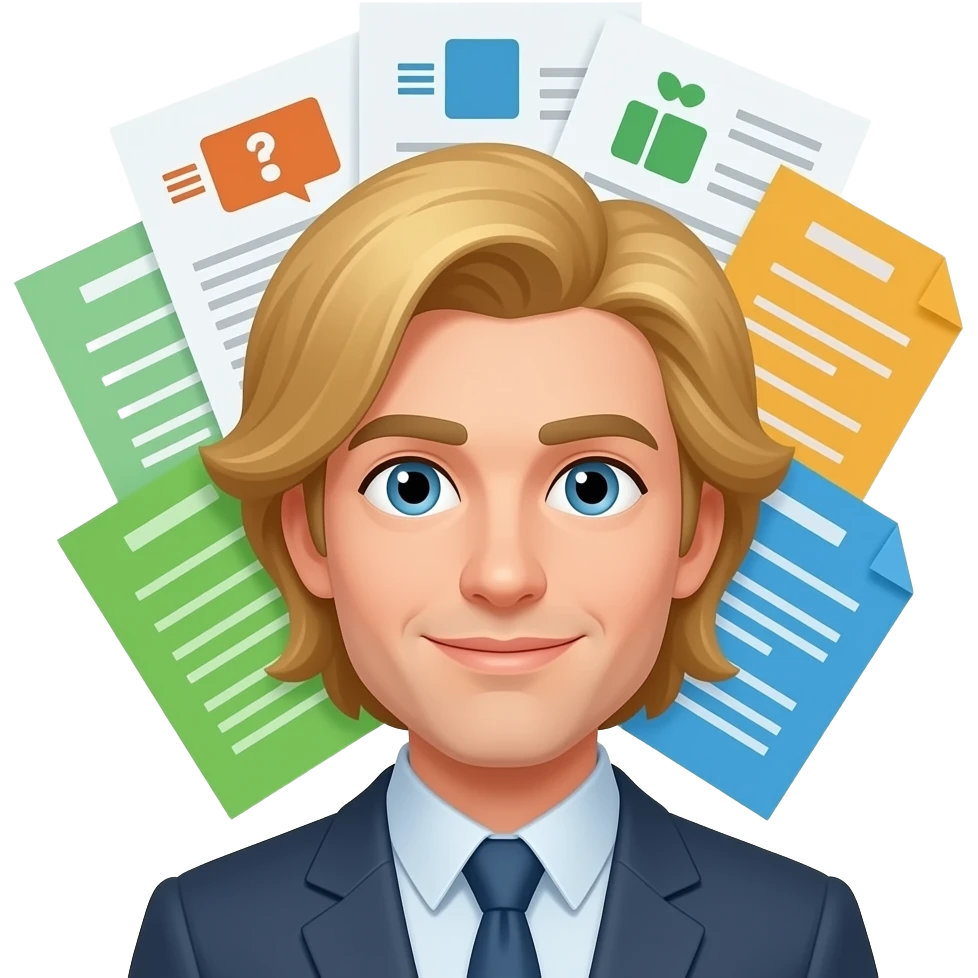 master data specialist with exactly .xls .csv .xml sheets and docs around his head , blond long hair emoji