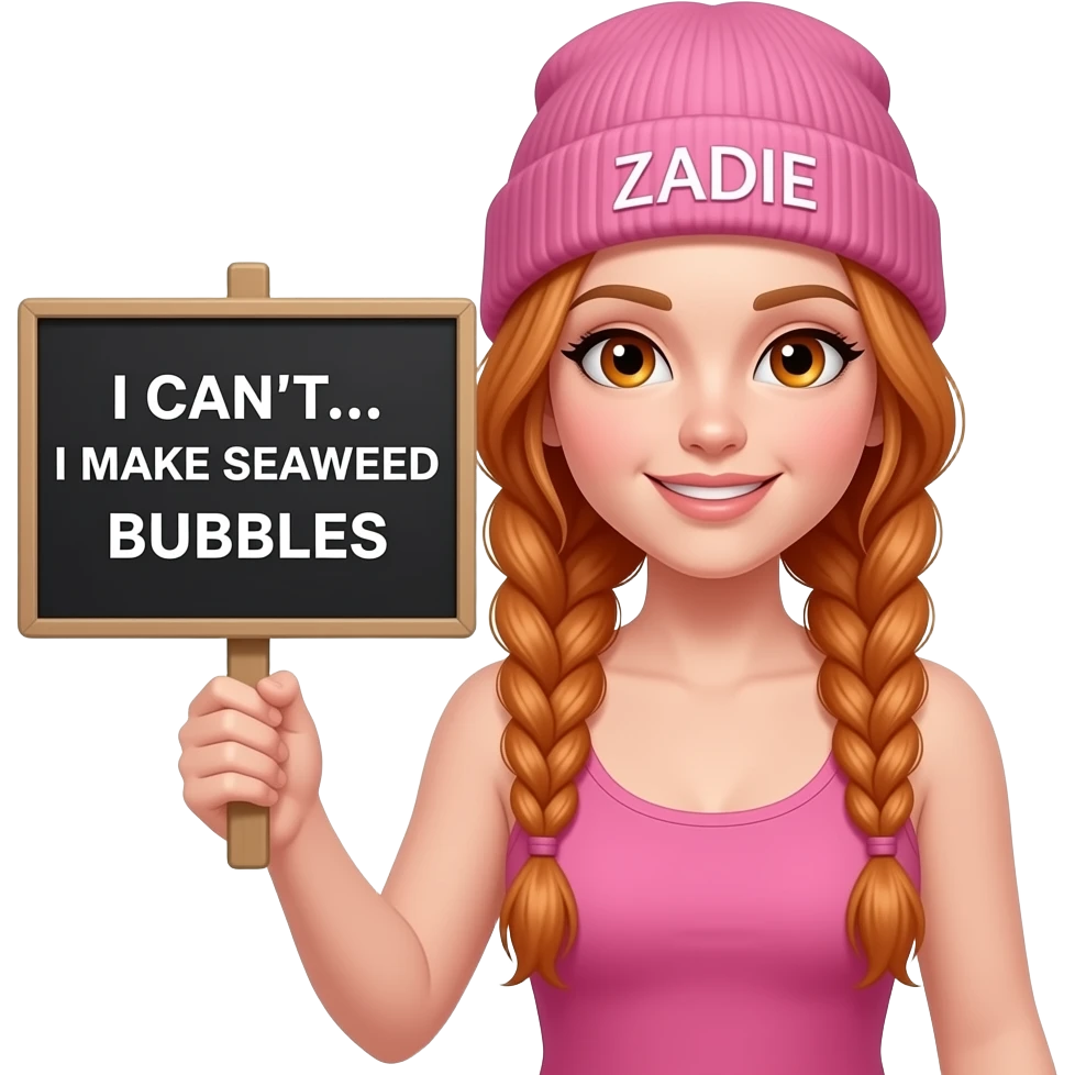 sexy girl with overlong ginger braids and ginger eyes wearing a pink tanktop and a pink beanie with ZADIE written on it, is holding a black sign with ICH KANN NICHT... ich mache SEIFENBLASEN written on it emoji