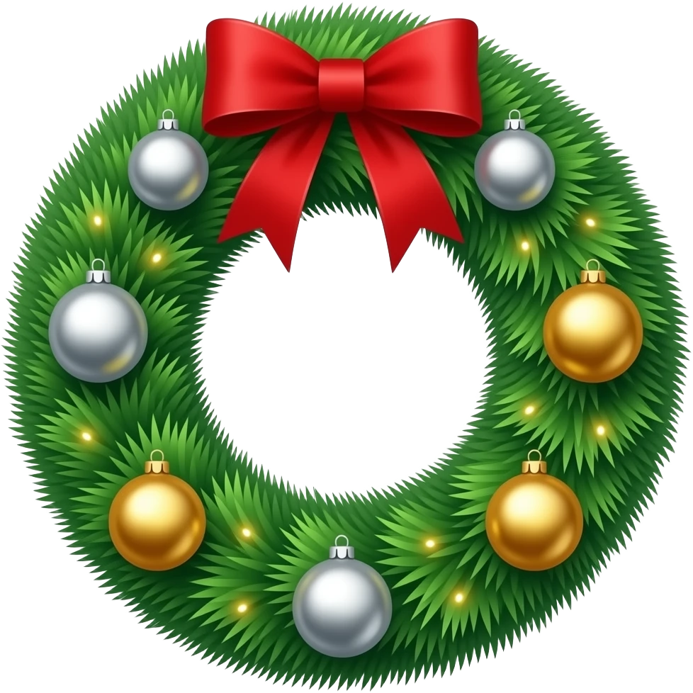 Highly detailed Christmas wreath with silver and gold ornaments and a red ribbon at the top emoji
