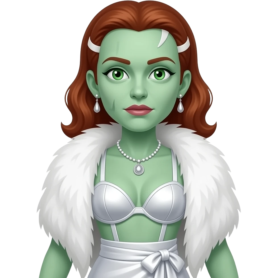 Bride of Frankenstein with pale green skin, green eyes, auburn hair with white stripes, white fur shawl, white metallic bra, white metallic long wrap skirt, necklace and earrings emoji