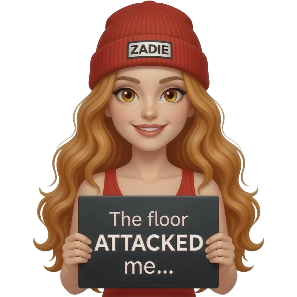 sexy girl with overlong wavy ginger hair and ginger eyes wearing a red tanktop and a red beanie with ZADIE written on it, is holding a black sign with The floor ATTACKED me... written on it emoji