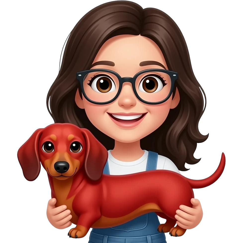 brunnete girl with big smile and glasses holding a red dachshund emoji