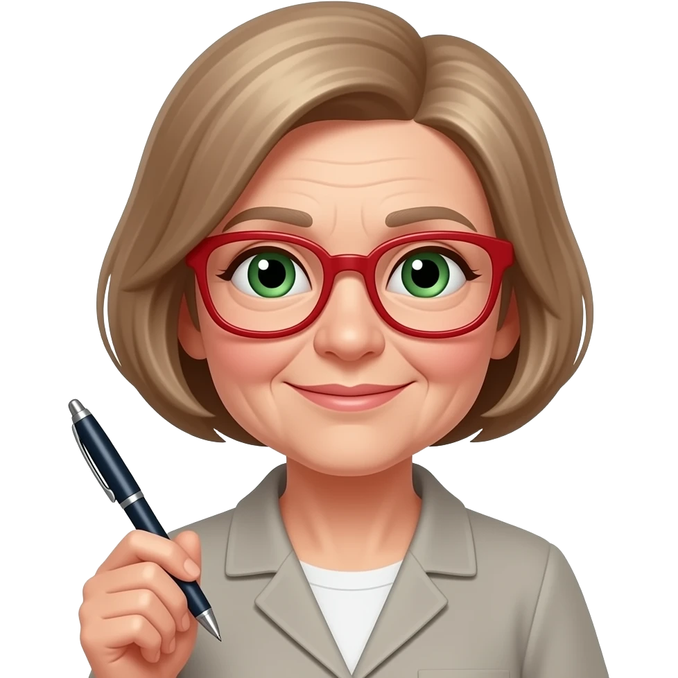 grandma with green eyes and red glasses short light brown hair and pen emoji