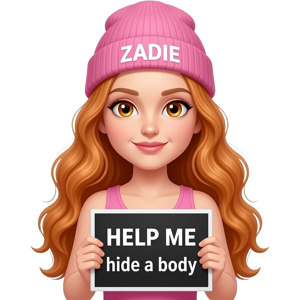 sexy girl with overlong wavy ginger hair and ginger eyes wearing a pink tanktop and a pink beanie with ZADIE written on it, is holding a black sign with HELP ME hide a body written on it emoji