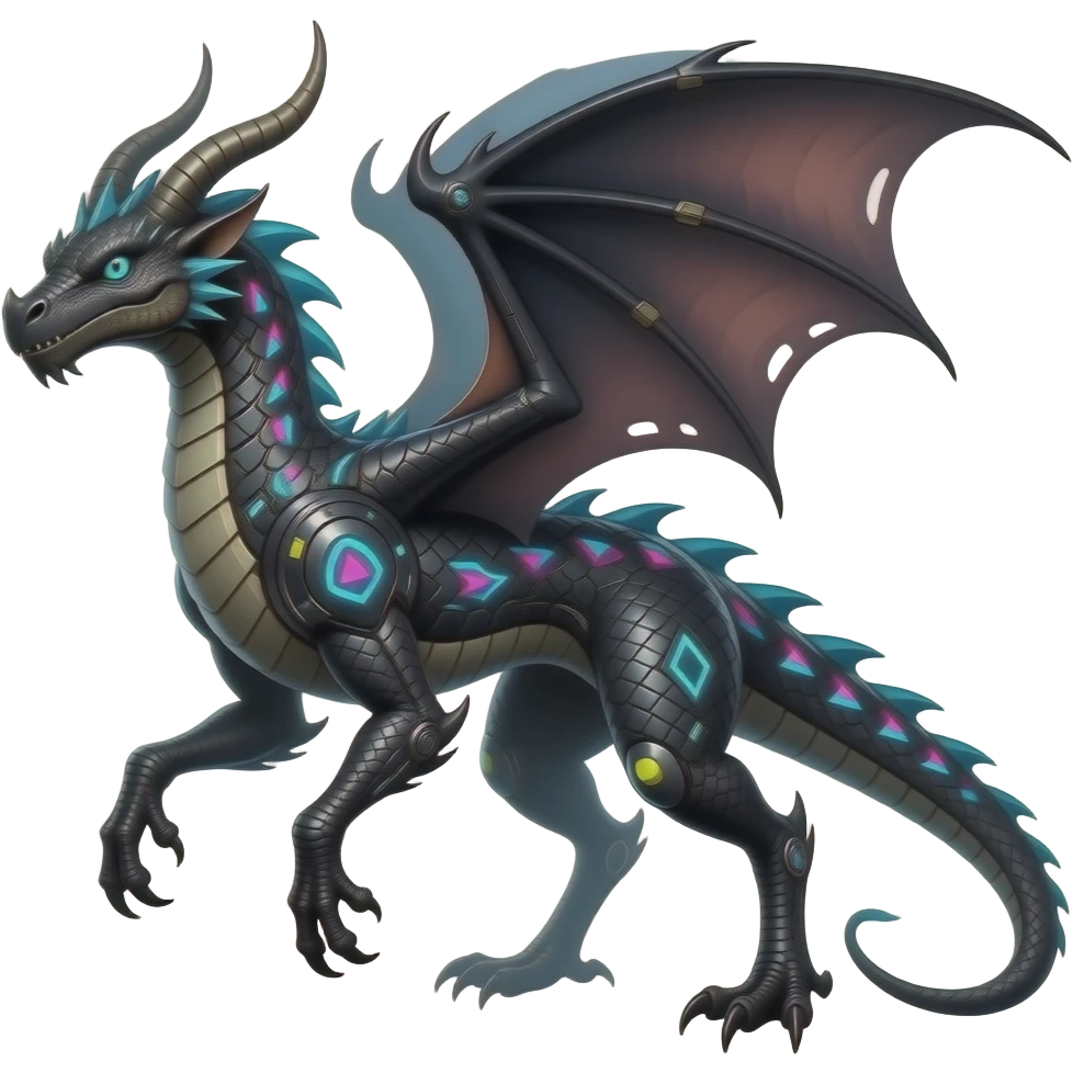 Cool edgy horned frilled black-scaled with neon-colored triangular stripe markings draconic raptorik digitigrade bipedal futuristic fantasy-Cyberpunk- emoji