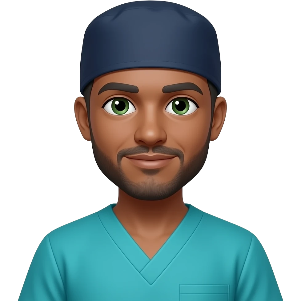 light skinned doctor with dark gray hair, beard stubble and green eyes in dark navy scub cap, torquoise scrubs with no eyeware emoji