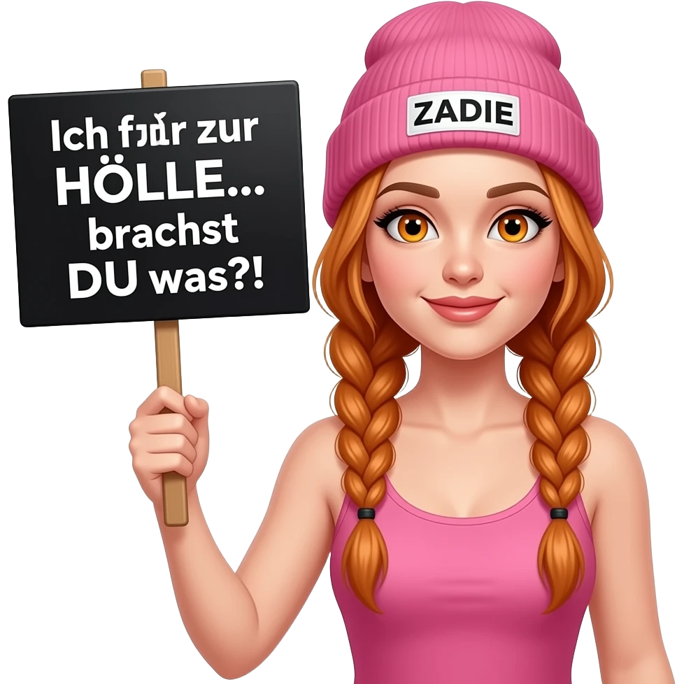 sexy girl with overlong ginger braids and ginger eyes wearing a pink tanktop and a pink beanie with ZADIE written on it, is holding a black sign with Ich fahr zur HÖLLE... brauchst DU was?! written on it emoji