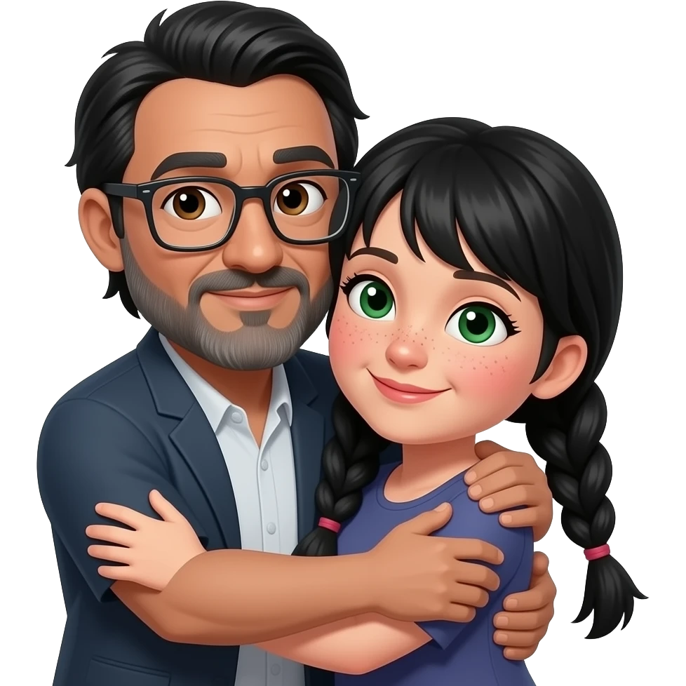 Black haired middle aged guy with floppy straight hair bangs to one side, brown eyes, olive skin, gray beard and clear squared rim glasses tightly hugging a black hair middle age woman with long pigtails, rosy cheeks, nose freckles, and  green eyes emoji