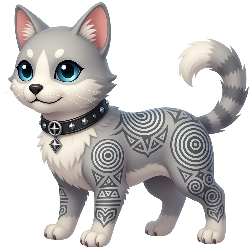 Rare pastel exotic edgy cool epic aesthetic gothic colorful Salandit-Litten-Furfrou-Houndour-Civet-species-Fakemon-hybrid-creature, with a collar, and with intricate tribal markings, full body emoji