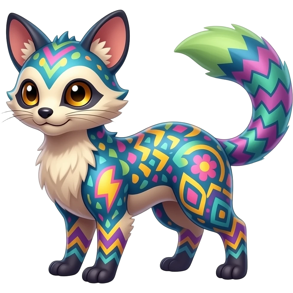Colorful scaly soft spunky elegant thin Realistic tall slim unique fantasy original shiny smooth soft flurry edgy cool Civet-Absol-Sprigatito-Vaporeon-Fakémon-hybrid with tribal chevron heart floral lightning bolt strikes damask paisley markings emoji