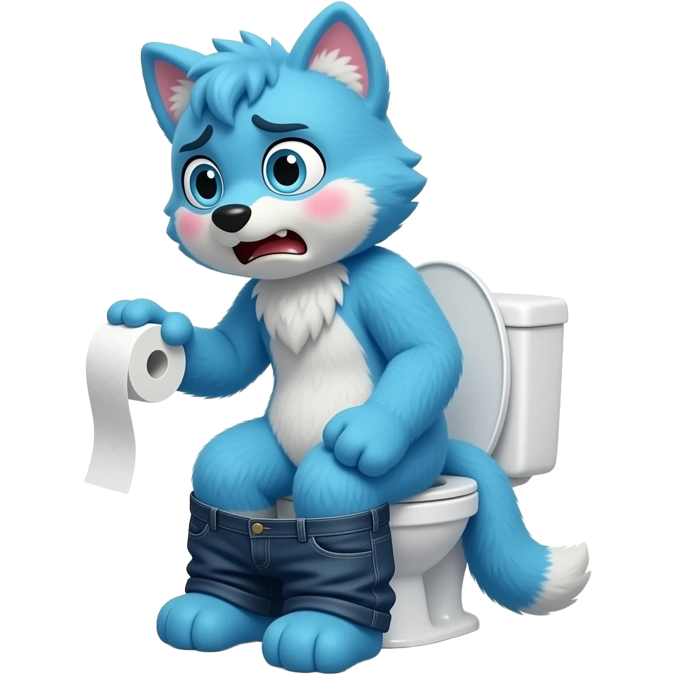 blue fursuit sitting on toilet, side view, pants down, straining face, blushing face, pain, pushing, holding toilet paper, discomfort, grunting emoji