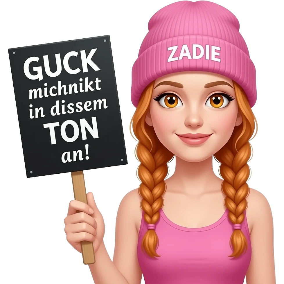 sexy girl with overlong ginger braids and ginger eyes wearing a pink tanktop and a pink beanie with ZADIE written on it, is holding a black sign with GUCK mich nicht in diesem TON an! written on it emoji