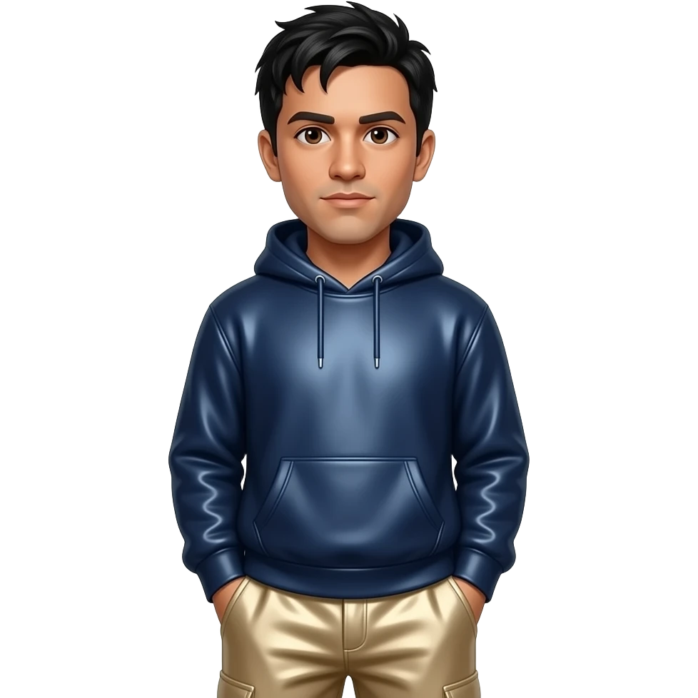 Chino Moreno with brown eyes, black hair, navy metallic sweatshirt, beige metallic baggy pants emoji