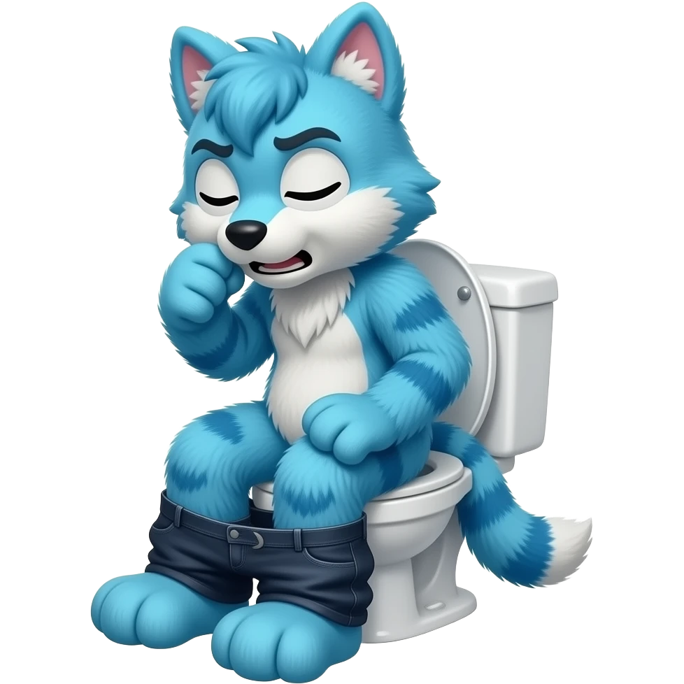 blue fursuit sitting on toilet, side view , pants down, pushing, eyes closed, straining face, emoji
