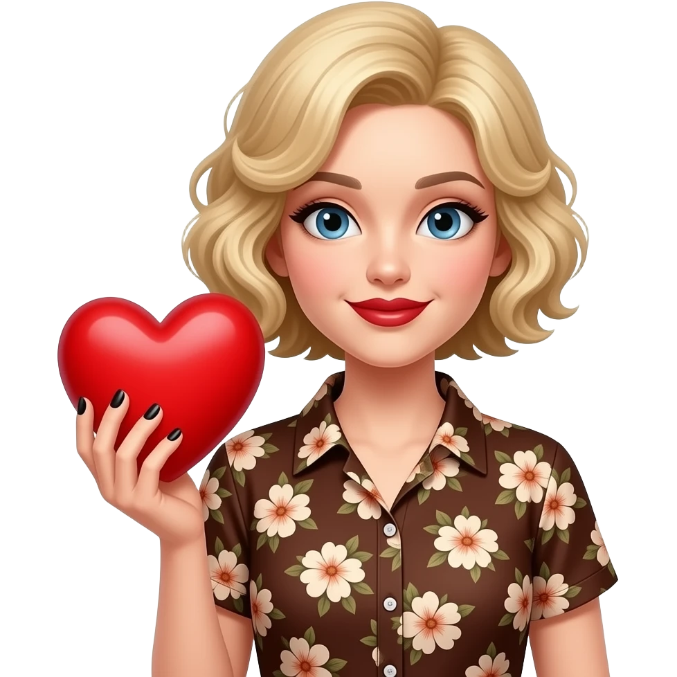 Short blond hair in curls holding a big red heart in with black nail polish and dark red lipstick, in a brown floral short sleeve shirt emoji