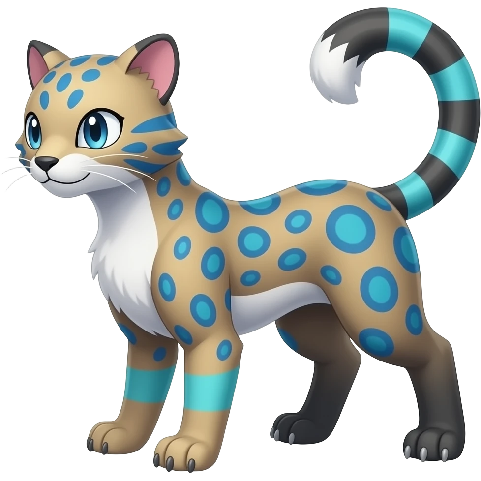 Colorful Meloetta-Sergal-Snow-Leopard-Civet-Genet-Pokémon-Digimon-Fakémon-fusion-hybrid-creature with Cyan stripes and blue leopard-spot-markings emoji